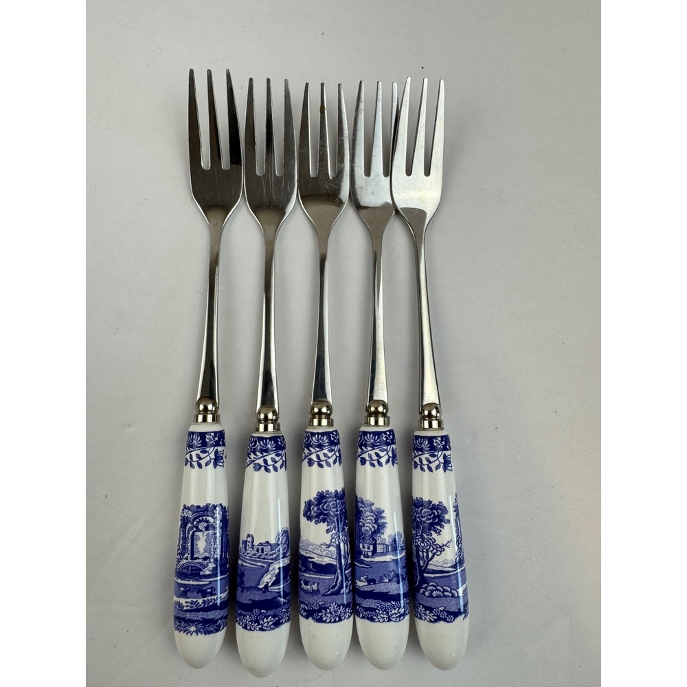 Spode Blue Italian Ceramic Handle Pastry Dessert Forks Set of 5 Stainless Steel